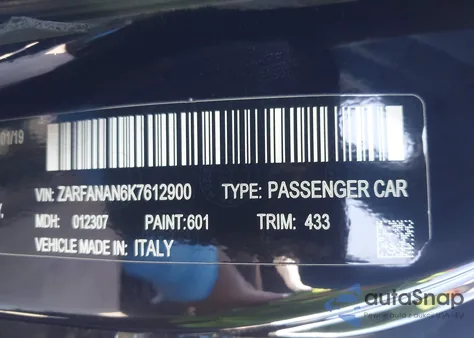 2019 Alfa Romeo Giulia Awd from USA, damaged, VIN ZARFANAN6K7612900
